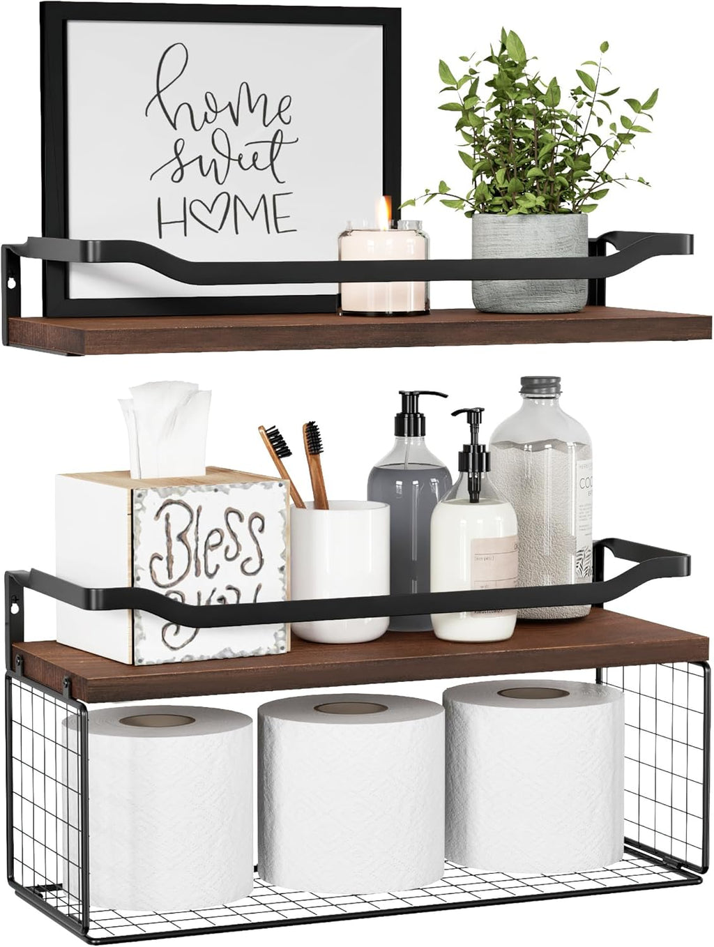 WOPITUES Floating Shelves - Wood Wall Storage with Wire Basket & Metal Guardrail | Dark Brown