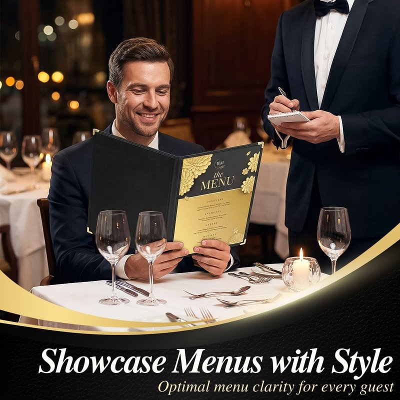 Flexzion Restaurant Menu Covers 8.5 x 11 Inch (6 Pack) - Book Style Bar Menu Holder with 3 Page 6 View - Transparent Clear Menu Book Covers with Gold Metal Corner for Restaurant, Hotel, Cafe