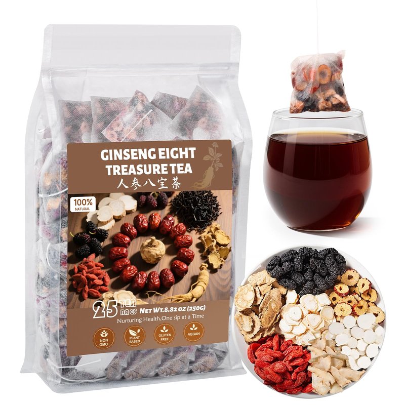 Goji Berries Ginseng Kidney Tea Formula Ginseng Eight Treasure Tea 8 Natural Ingredient Kidney Cleanse Detox & Repair for Women & Men 25 Count, Caffeine-Free (Pack of 1）