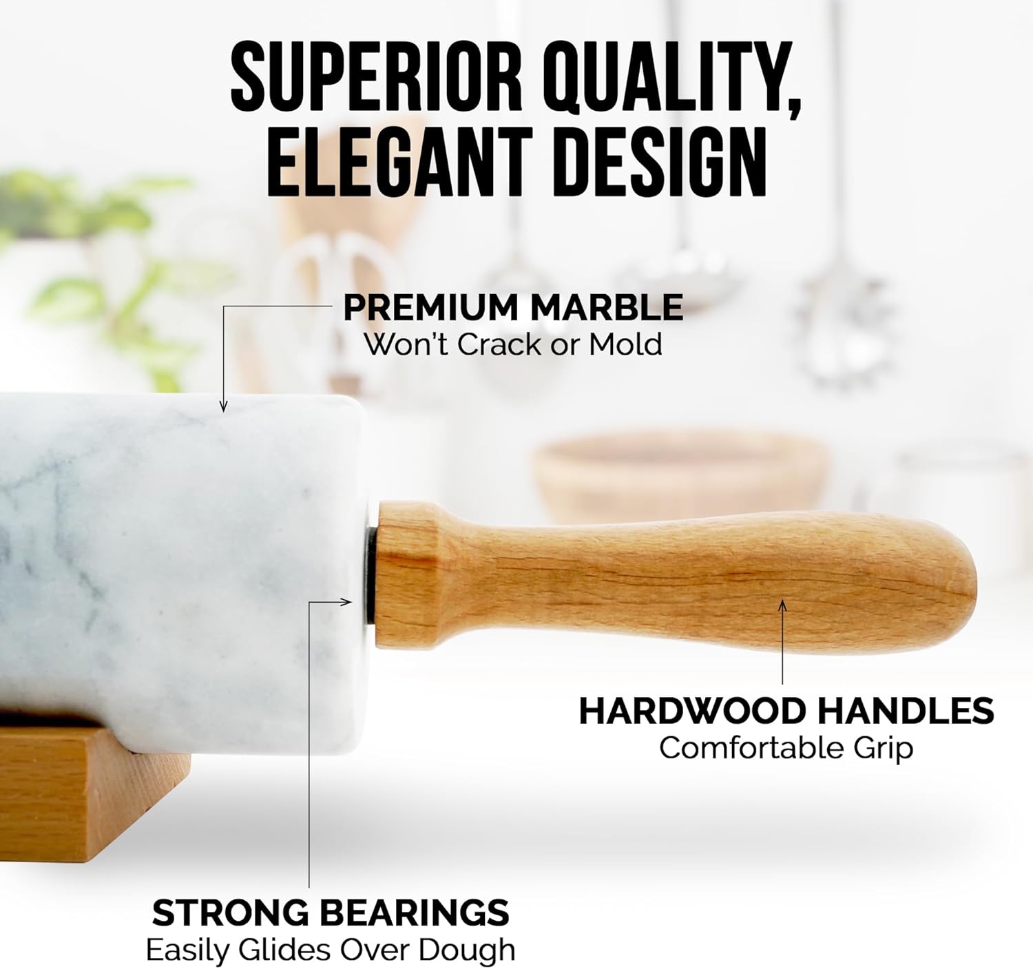 Zulay Kitchen Marble Rolling Pin - 17-Inch Polished Non-Stick Roller With Beechwood Handle | Ideal For Baking Pastries & Pizza