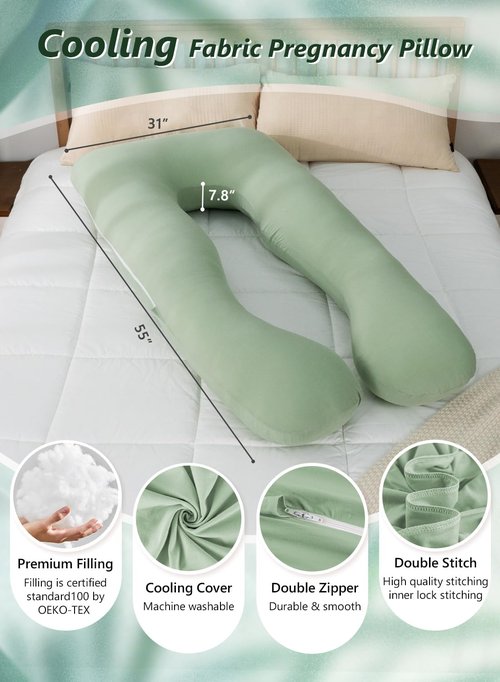Meiz U-Shaped Pregnancy Pillow - Cooling Maternity Body Pillow in Sage Green | 55 Inch Rayon Bamboo Cover