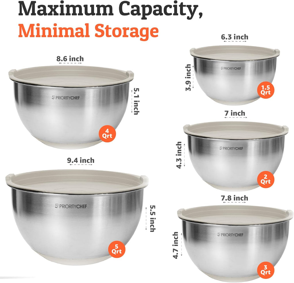 Priority Chef Premium Mixing Bowls Set - Airtight Lids, Non-Slip Base, 5 Nesting Bowls (1.5-5 Qt) - Khaki