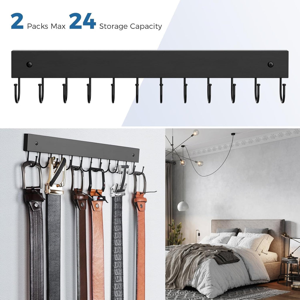 Skiennix Wooden Belt Hanger - Wall-Mounted 2-Pack with 24 Storage Capacity | 180° Rotating Design for Ties, Scarves, and More