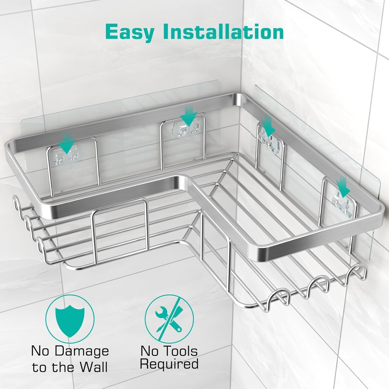 YASONIC Corner Shower Caddy - Rustproof Stainless Steel Bathroom Organizer | No Drilling, 3-Pack, Brushed Silver