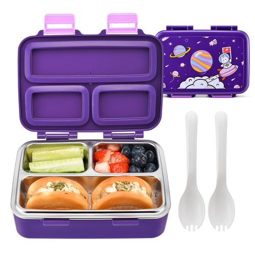 Bento Box for Kids – 3-Compartment Kids Bento Lunch Box with Leak-Proof Lid, Spoon & Stainless Steel Tray – 20 x 15 x 6.8 cm BPA-Free, Dishwasher Safe - Fun Space Design for School & Travel (Purple)