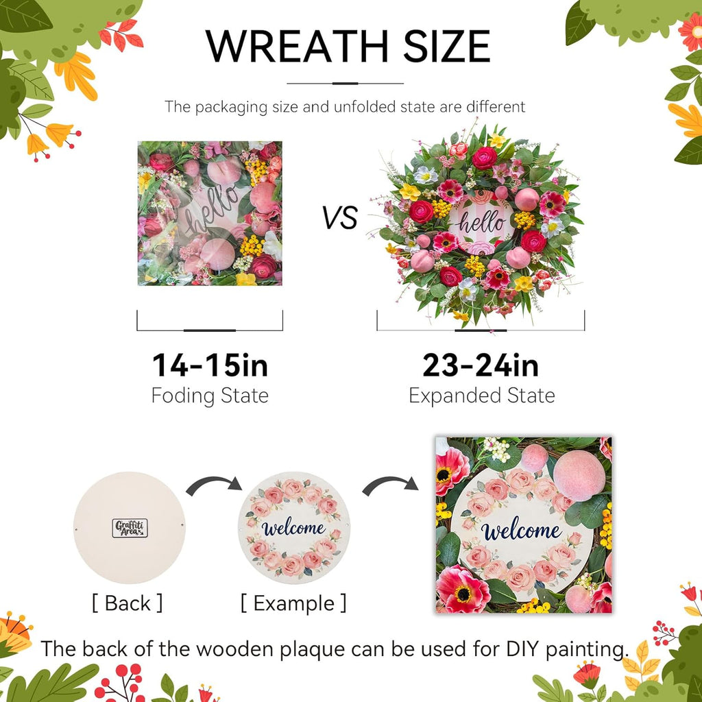 Spring Wreaths - 24 Inch Artificial Summer Wreath with Pink Roses, Cherry Blossom & Berries | Hello Sign for Indoor/Outdoor Farmhouse Decor