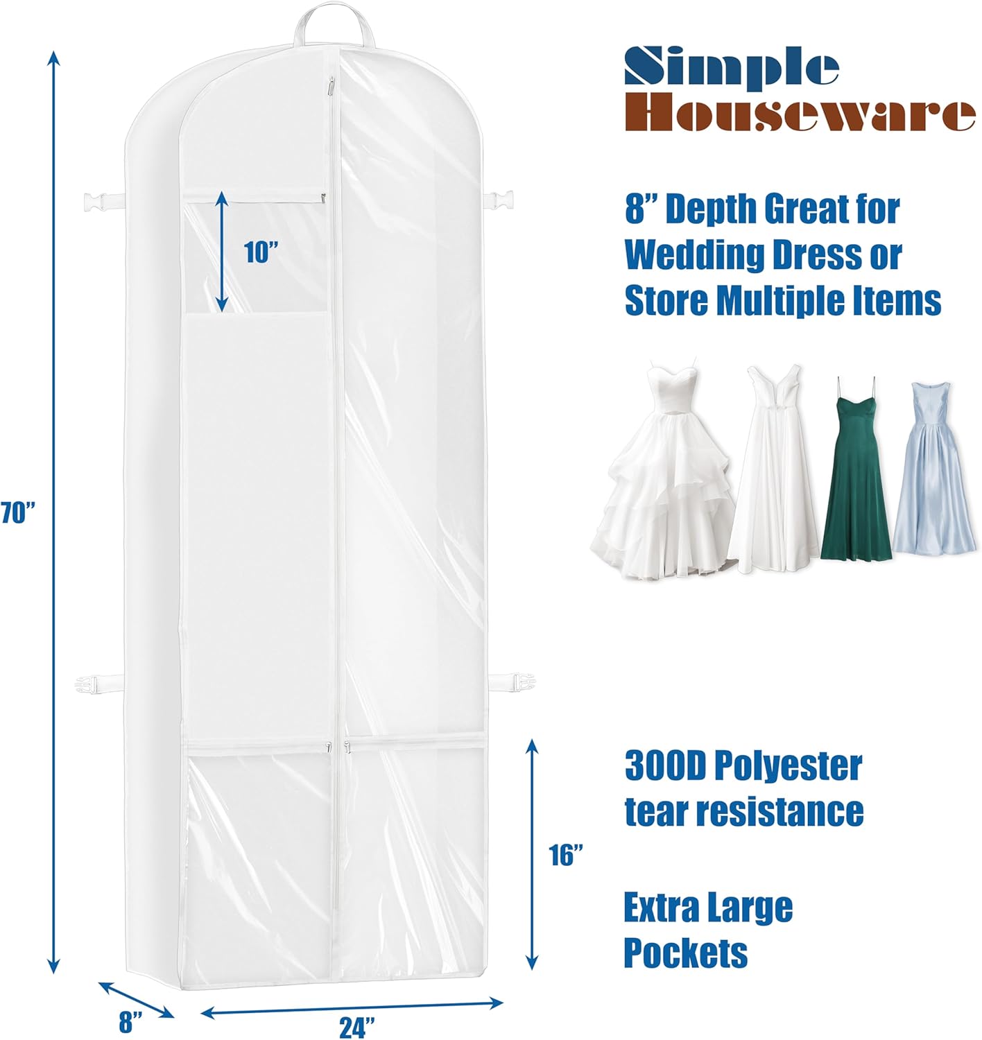 Simple Houseware Wedding Dress Garment Bag - 70-Inch Long, 8-Inch Gusseted Design with Pockets, White