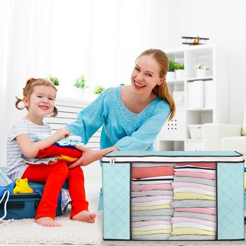 Budding Joy 90L Large Storage Bags - 4 Pack Foldable Closet Organizers for Clothes & Bedding | Blue
