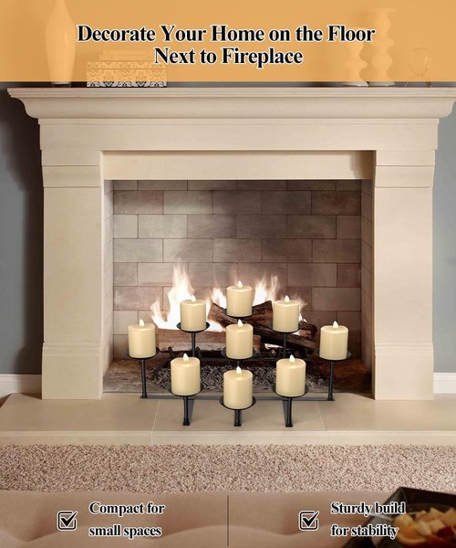Fireplace Candle Holder - 9 Wax Pillar Plates | Elegant Iron Candelabra for Indoor Decor