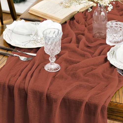 Artoid Mode Boho Cheesecloth Gauze Terracotta Wedding Table Runner, 160 Inch Seasonal Fall Thanksgiving Fabric Kitchen Dining Holiday Table Decor for Home Party Indoor