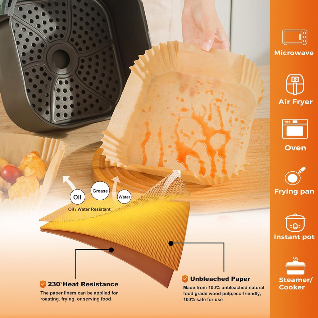 Vailnd Air Fryer Liners - 100 Pcs Disposable Oil-Proof Parchment Sheets for 8-12 QT Air Fryers
