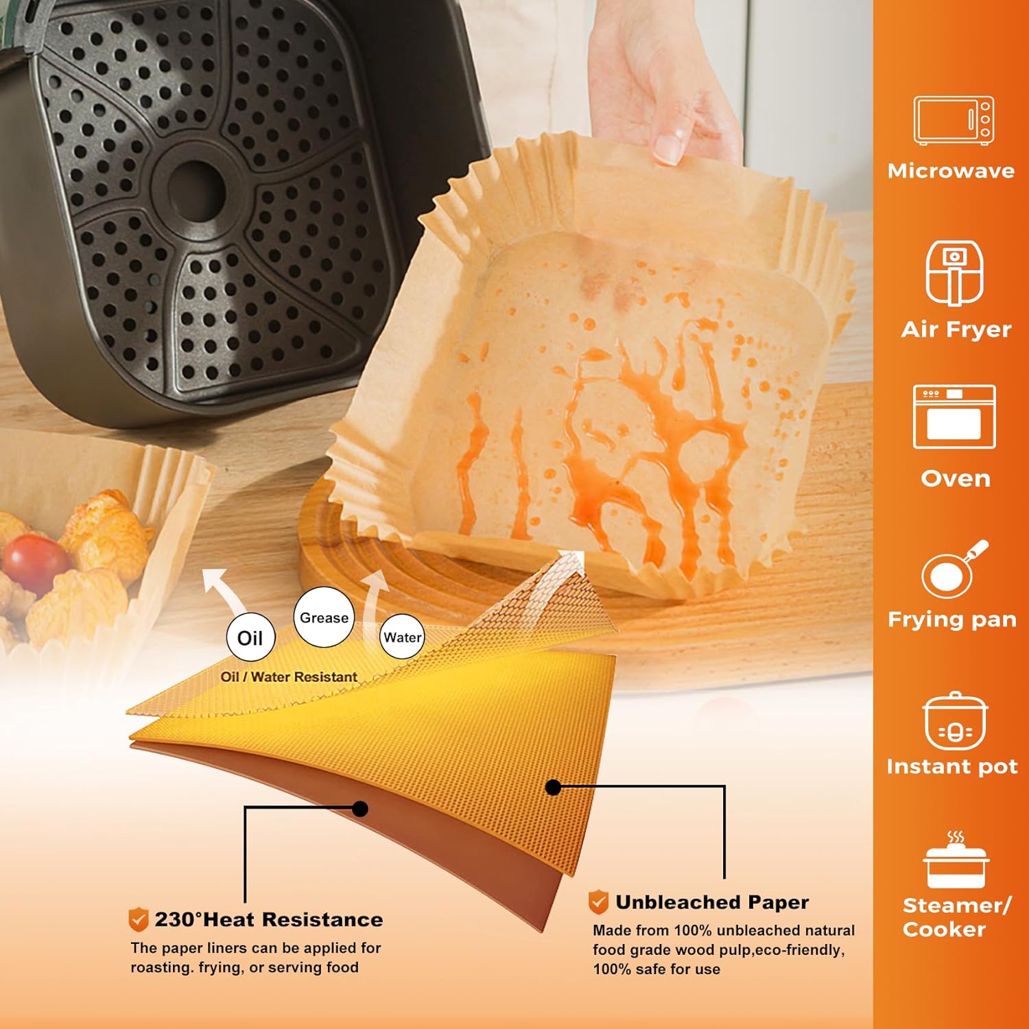 Vailnd Air Fryer Liners - 100 Pcs Disposable Oil-Proof Parchment Sheets for 8-12 QT Air Fryers