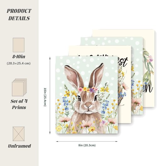 LARTSFRO Easter Decor - Bunny & Egg Wall Art Prints | Spring Nursery Decor, 10x8 Inch Set of 4 Unframed