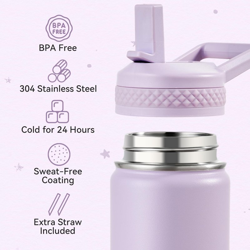 Fijinhom 12 oz Kids Water Bottle, Toddler Water Bottle with Straw, Boys&Girls Bottle for School, 304 Stainless Steel Vacuum Insulated Bottle for Kids, BPA-Free, Leak-Proof, Lilac