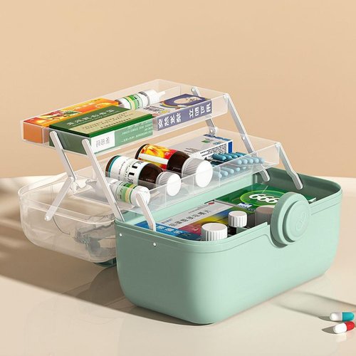 Family First Aid Box - 3-Tier Medicine Storage Container with Removable Pill Case | Green Plastic Organizer