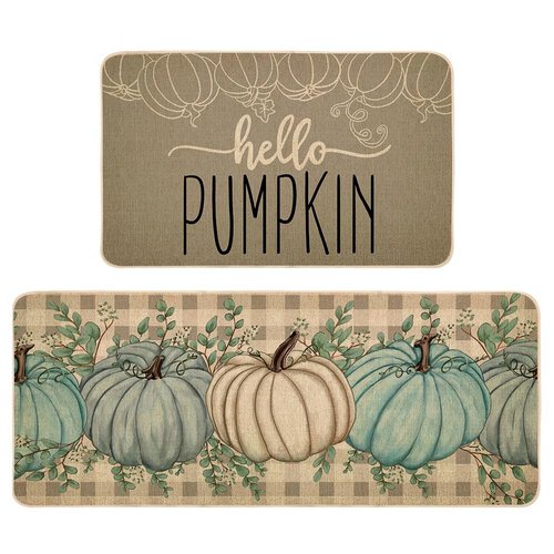 Hello Pumpkin Fall Kitchen Rugs Set of 2, Thanksgiving Farmhouse Style Kitchen Decoration Mats Cushioned Anti Fatigue Non-Slip Washable Floor Mat 17x29 and 17x47 Inch DM170