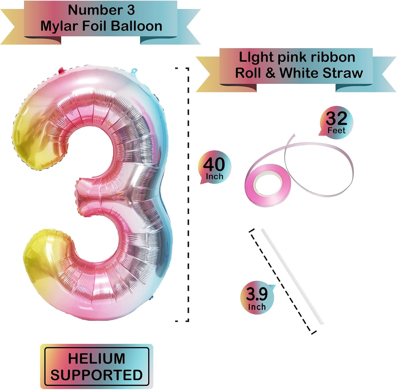 Skiennix 40-Inch Giant Rainbow Number 3 Balloons - Helium Mylar Foil for Birthday Party Decor
