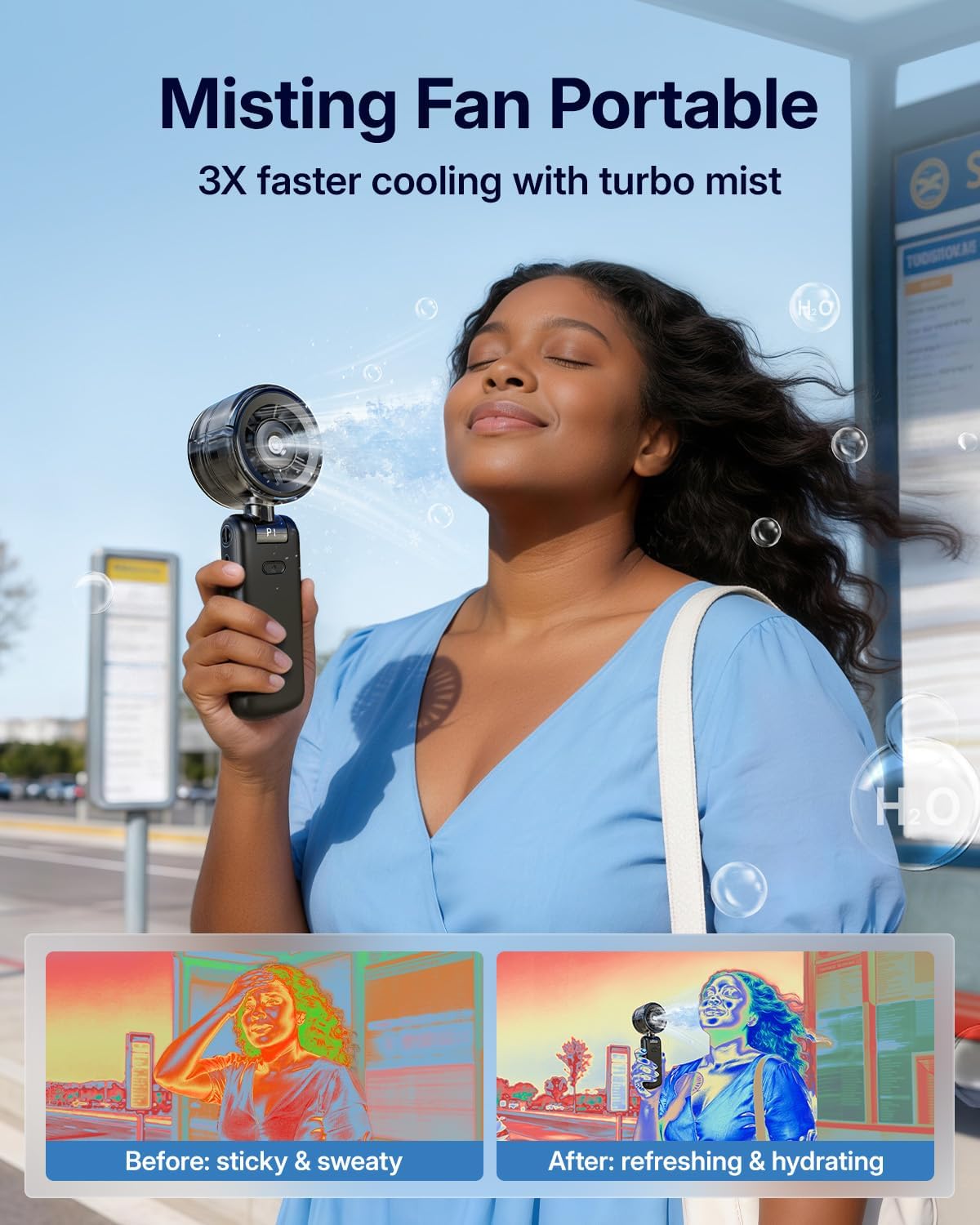 Skiennix Misting Fan - Portable Handheld Turbo Fan with Cool Mist Spray, 4000mAh Rechargeable Battery | Black