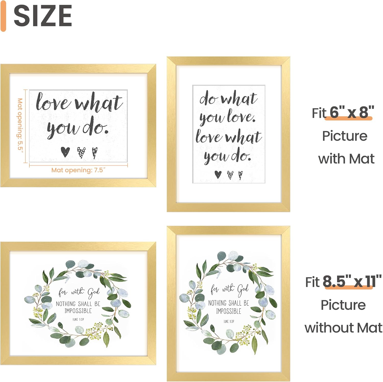 Upsimples 8.5 x 11 Picture Frame - Elegant Gold Wall Hanging Frame for 6x8 or 8.5x11 Photos | 1 Pack