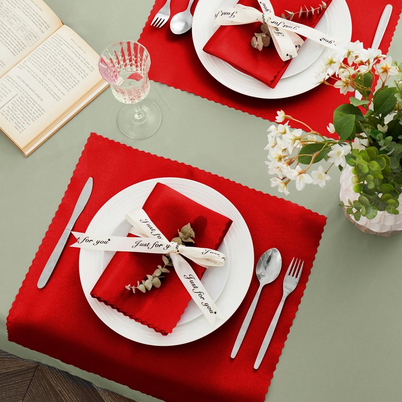 VACVELT 24 Pack Red Satin Napkins, 17x17 Inch Scalloped Elegant Dinner Napkins for Wedding, Restaurant, Banquet, Graduation Party