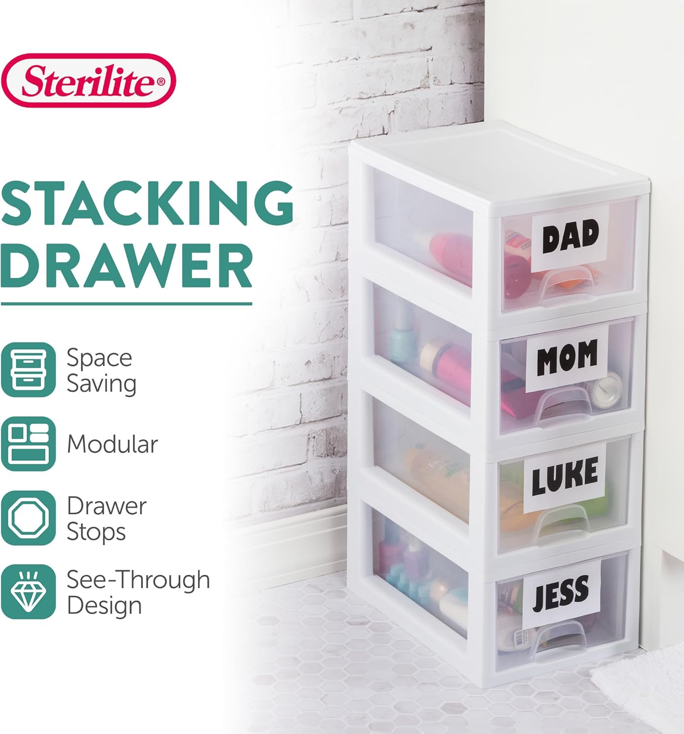 Sterilite 6-Pack Stacking Drawers - Clear Storage Organizers with White Frame for Clothes, Accessories & More