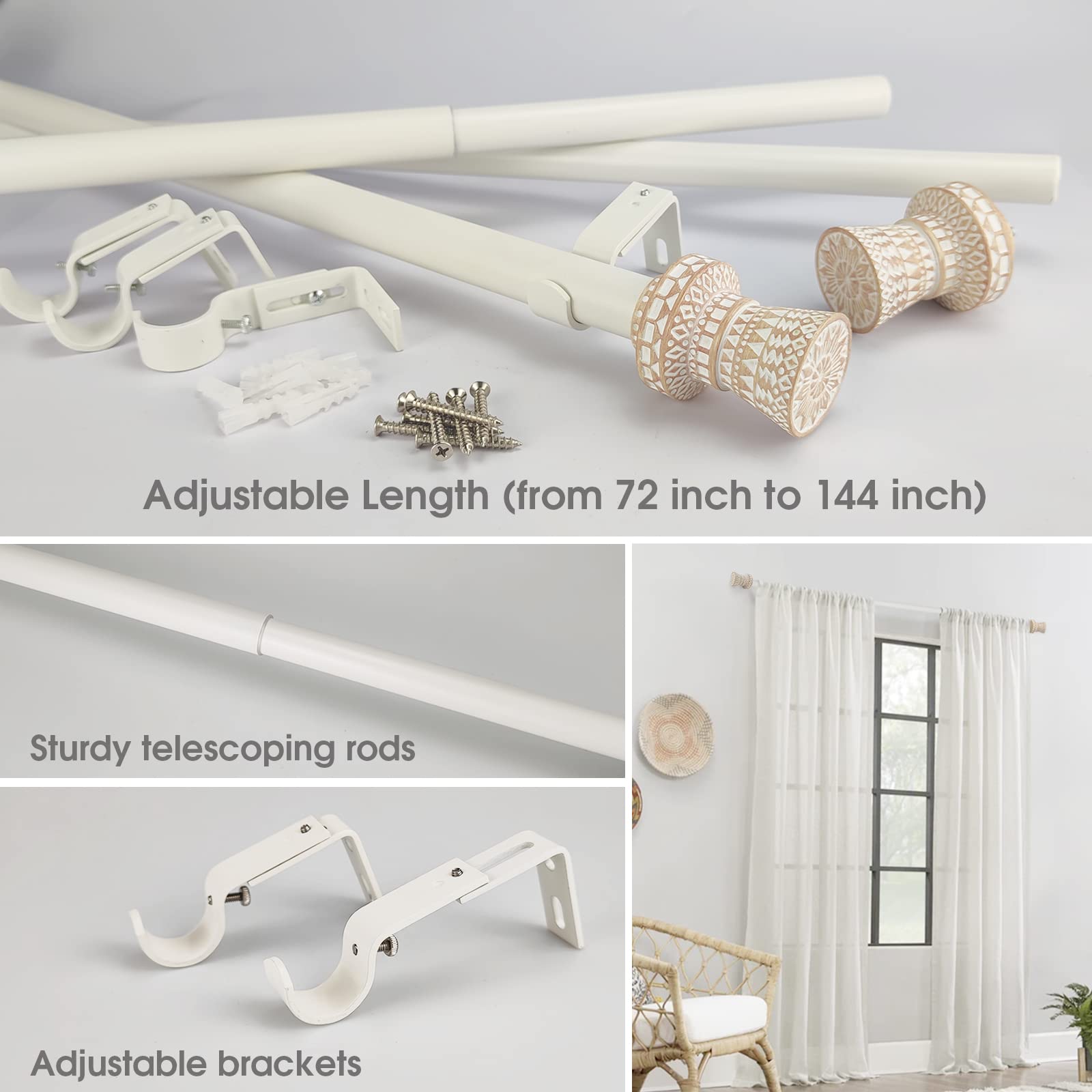 SKYPLUS LIVING Modern Boho Style Single Curtain Rod Set with Round Carved Finial,72-144 inch, Standard Single White Drapery Rod for 1 Pack, 1 inch diameter, Adjustable Length