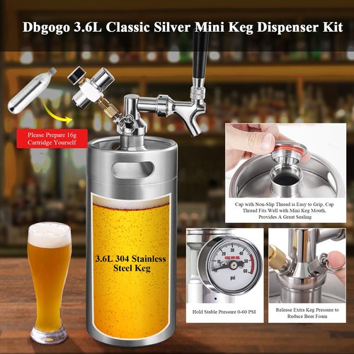 Dbgogo 128oz Mini Keg Growler Tap System, Stainless Steel Mini Keg with 0-60 PSI Mini Co2 Regulator & Self-Closing Beer Faucet, Portable Mini Kegerator for Home to Keep Craft Beer Carbonated and Fresh