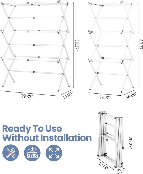 APEXCHASER Clothes Drying Rack - 3-Tier Expandable Metal Laundry Dryer | Collapsible Air Drying Rack, White