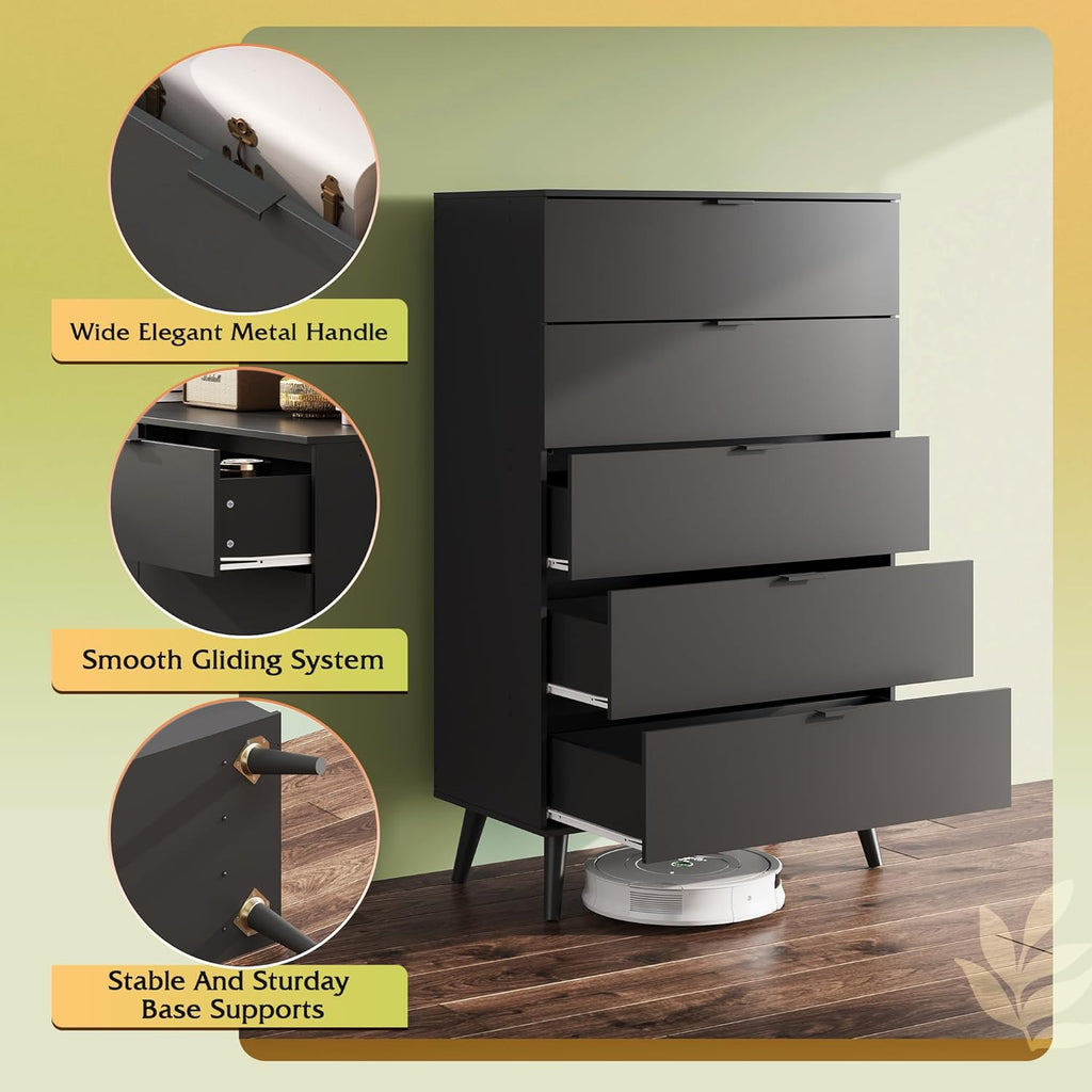 WLIVE 5 Drawer Dresser - Tall Wooden Storage Organizer with Sturdy Metal Handles | Black Chest for Bedroom, Living Room, Hallway