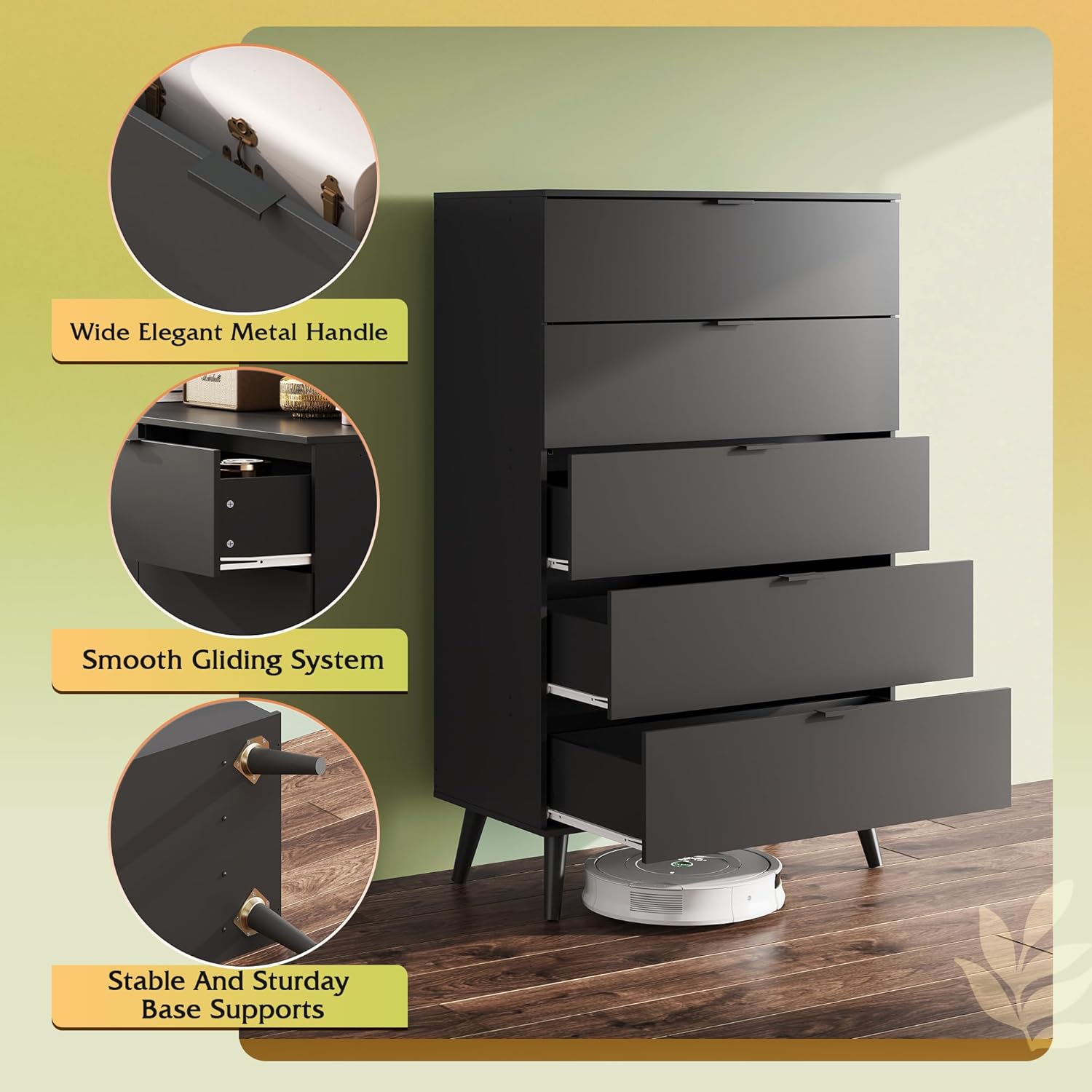 WLIVE 5 Drawer Dresser - Tall Wooden Storage Organizer with Sturdy Metal Handles | Black Chest for Bedroom, Living Room, Hallway