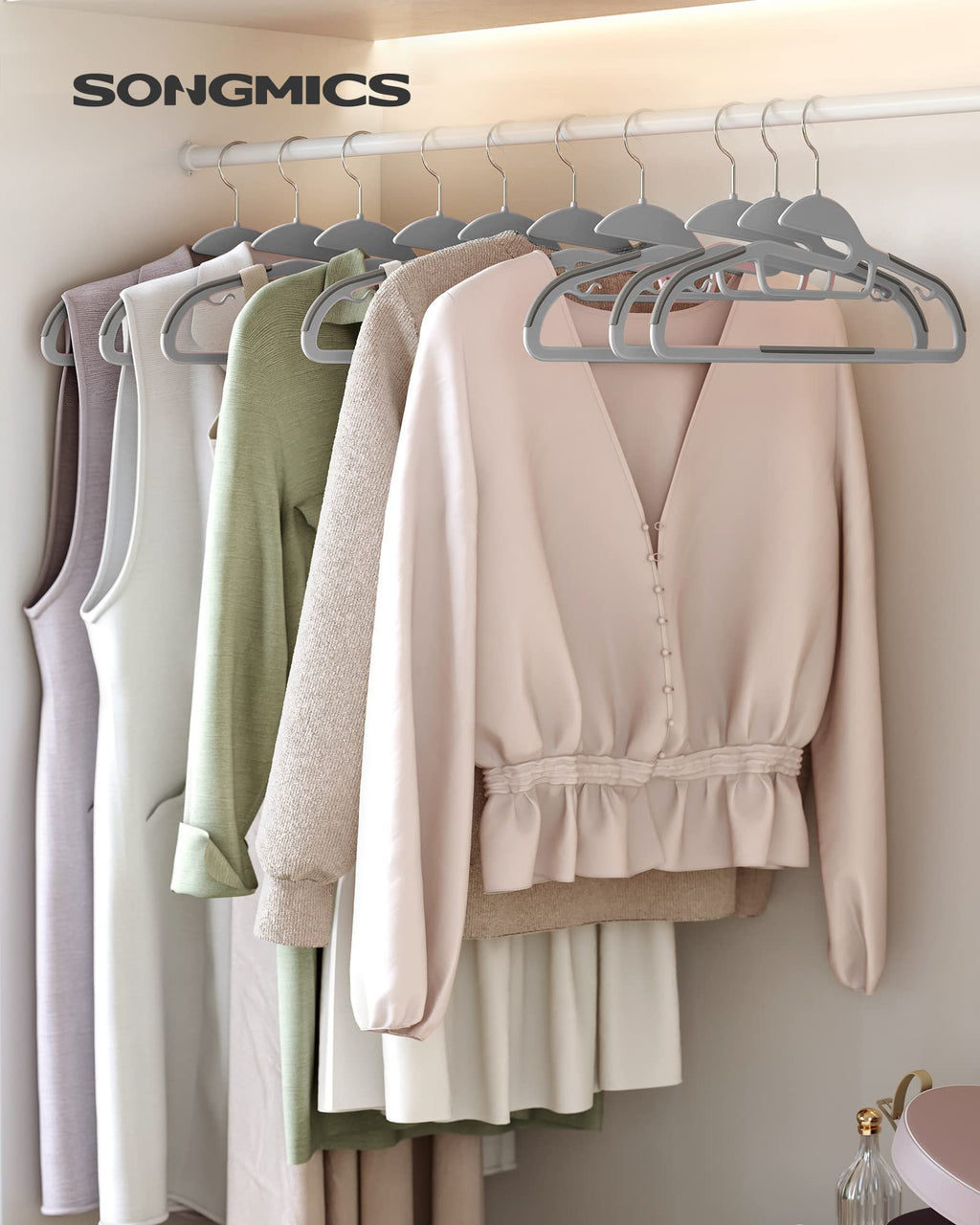 SONGMICS Set of 50 Coat Hangers and 30 Pants Hangers Bundle, Non-Slip Adjustable Metal Clips, Quality Plastic Hangers, Space-Saving, Durable, Pants, Light and Dark Gray, Black UCRP41G-50 and UCRF12B30