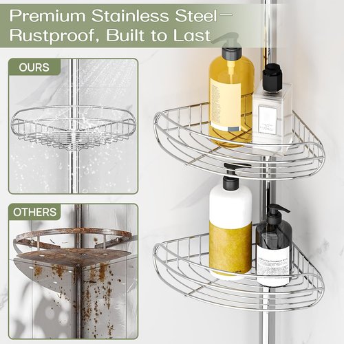 ALLZONE Corner Shower Caddy - Rustproof 4-Tier Adjustable Shelves for Bathroom Storage | Tension Mounted, 56-113 Inch Height, Silver