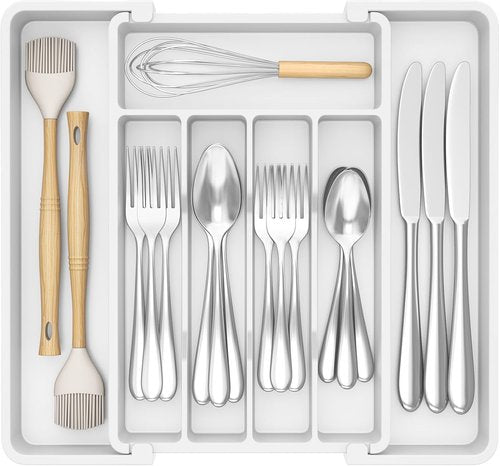 Lifewit Expandable Silverware Drawer Organizer - BPA-Free Utensil Tray for Kitchen | Adjustable Storage, 8.5-14 x 12", White