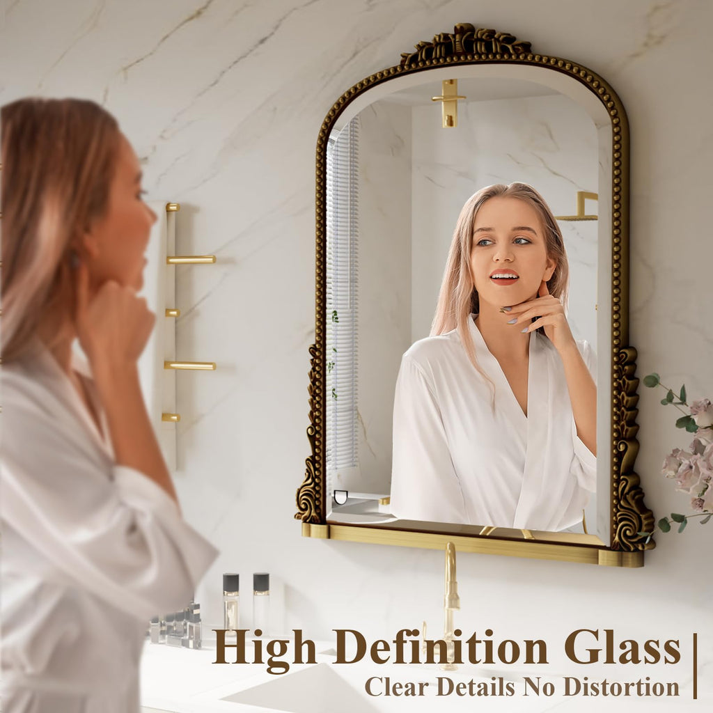 VETROVUE 32x24 Beaded Arched Mirror, Bathroom Mirror for Over Sink, Metal Frame Wall Decor for Entryway, Bedroom, Living Room, Gold