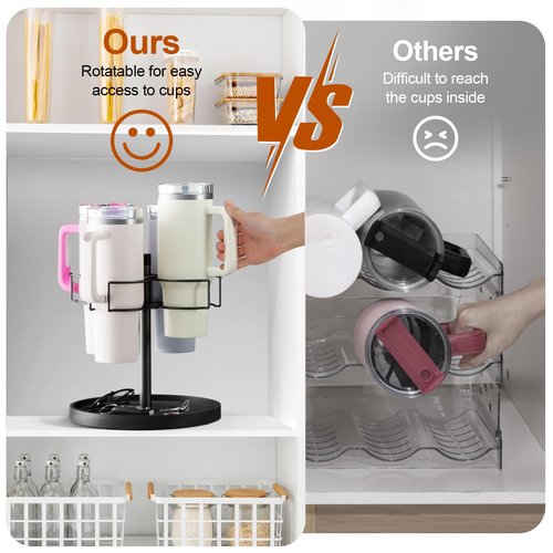 Kssiaz Water Bottle Organizer for Stanley 40 oz Tumbler with Handle, 4 Slots Rotatable Stanley Cup Organizer Holder, Tumbler Organizer for Kitchen Cabinets with Tray, Black