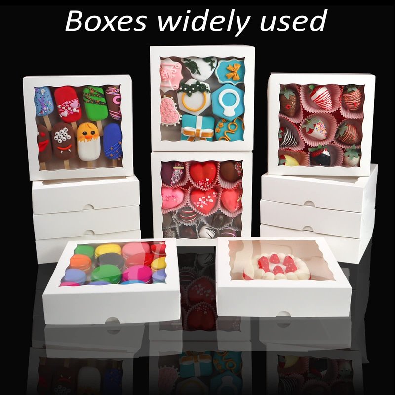 RomanticBaking 50pcs 8x8x2 Inches Bakery Boxes with Window Cookies Boxes Chocolate Covered Strawberries Boxes Cakesicle Boxes for Christmas Valentine's Halloween Easter Father's Mother's Day