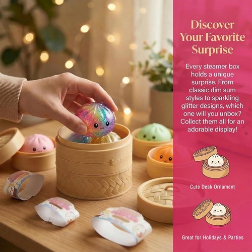 Dumpling Squeeze Toy - Glitter Soft Dough Stress Ball with Steamer Box | Sensory Gift for Kids & Adults (A-Blue)