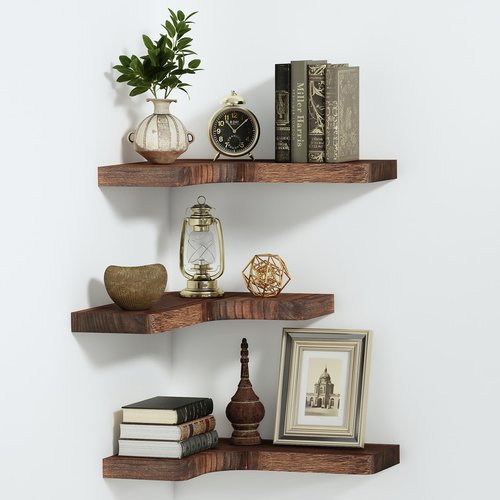 SAUMONIERES Corner Floating Shelves Wall Mount Shelf Solid Wood for Bedroom Bathroom Room Kitchen Storage Set of 3, Rustic Brown, Invisible Brackets