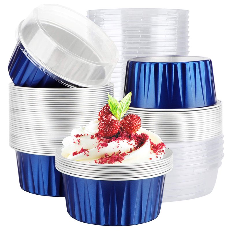 EUSOAR Cupcake Cups with Lids, 5oz 50pcs Disposable Desserts Flan, 3.34"x2.59"x2.35" 125ml Baking Cups with Lids, Aluminum Foil Desserts Cupcake Flan, Catering Gathering Shower Favor-Royal Blue