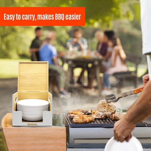 Libreshine Paper Bowl Dispenser Holder – White Bamboo Disposable Bowl Organizer for 8–32 oz, Holds 90+ Bowls – Clean & Space-Saving Countertop or Cabinet Storage, Upgraded Lid