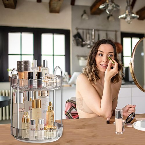 Asayuee 360° Rotating Makeup Organizer - Stylish Grey 2-Tier Vanity & Bathroom Countertop Storage