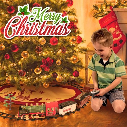 Mini Tudou Electric Christmas Train Set - Remote Control Steam Locomotive with Sound & Light | Rechargeable Battery, Cargo Cars & Tracks for Kids 3+