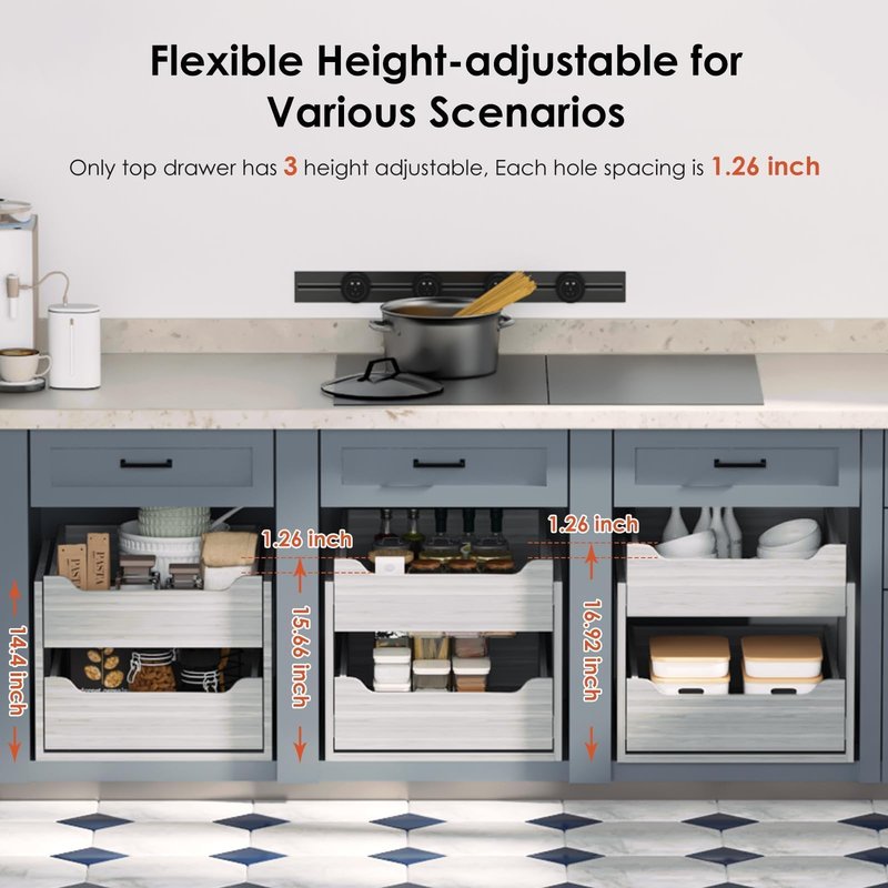 Landmok Pull Out Drawers For Cabinets, 18" W x 21.65" D x 17" H Slide Out Wooden Pull out Drawers, 2-Tier, Heavy-Duty Base Bottom Assembly Slide out Drawer Shelf Cabinet Organization for Kitchen, Gray