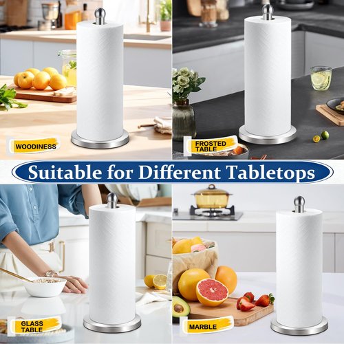 DAWNER Paper Towel Holder for Countertop, Easy One-Handed Tear, Stainless Steel, Weighted Base with Suction Cups, Non-Slip Paper Towel Stand for Kitchen, Bathroom, Brushed Nickel