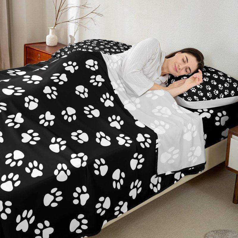 Homewish Dog Paw Print Kids Sheet Queen Size,Kawaii Pet Bedding Set,Boys Girls Adults Bedroom/Xmas/Halloween Decor,Cartoon Animal Black White Simple Bed Sheet Set 4pcs(Fitted + Flat + 2 Pillowcases)
