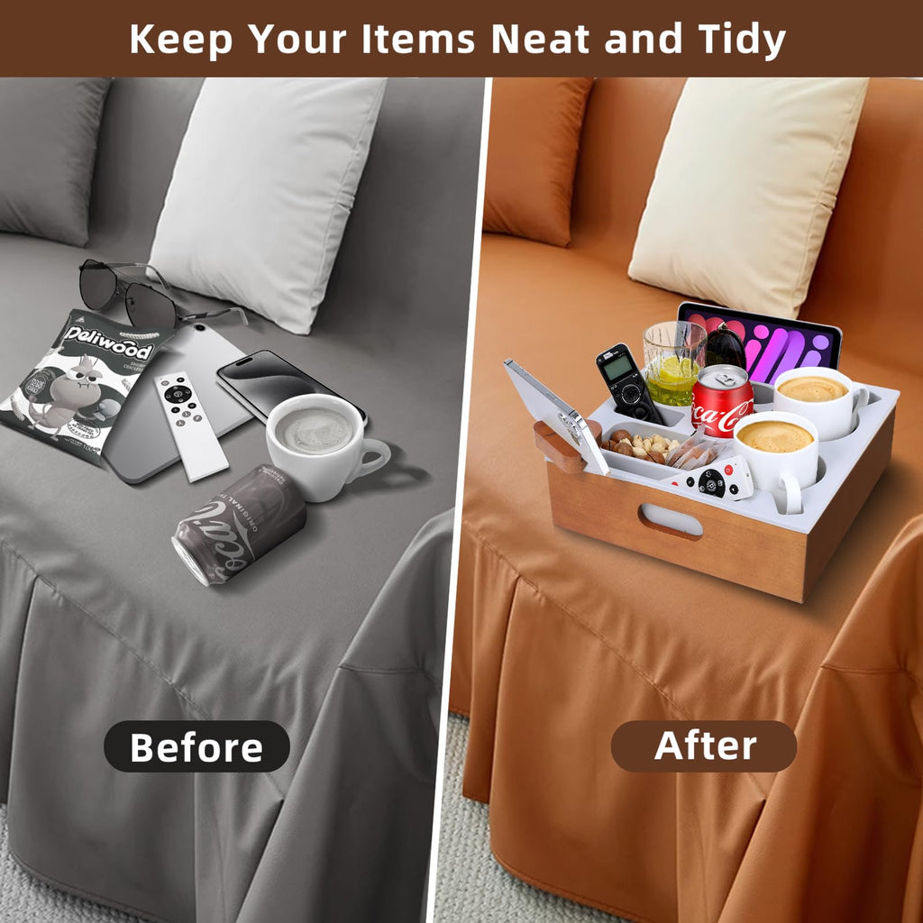 Hanaoyo Couch Cup Holder Tray, Soft Silicone Wooden Couch Caddy with Carrying Handle, Sofa Cup Holder for Bed Car Beach Organizer, Anti-Spill Sofa Cup Holder for Snacks Beverage Remote (Brown)