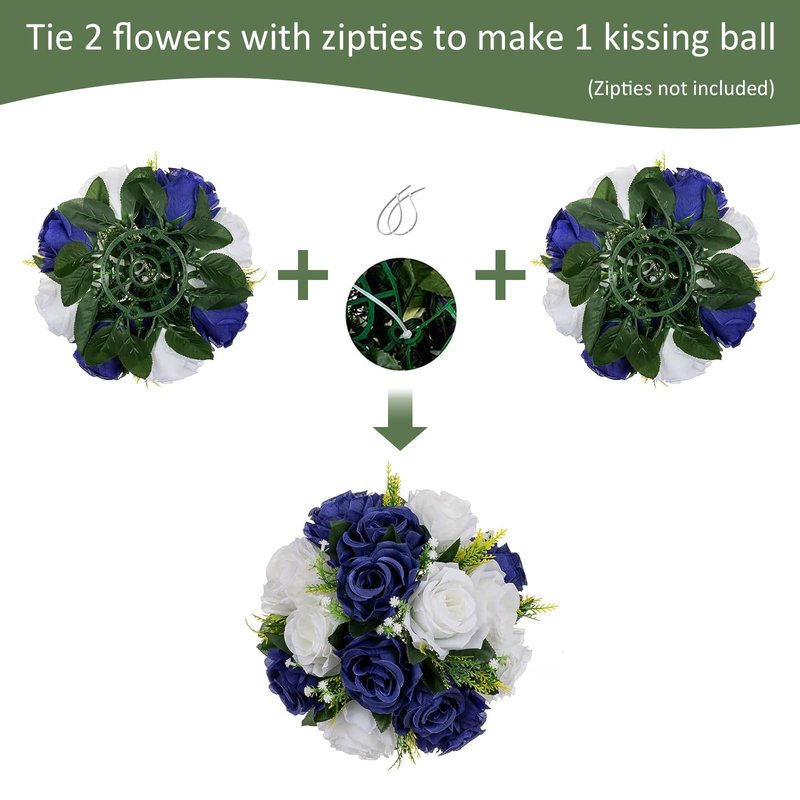 QUTUNI 10Pcs Fake Flower Ball Arrangement Bouquet, 9.5" 15 Heads Plastic Roses with Base,Suitable for Parties Valentine's Day Wedding Centerpiece Flower Rack and Home Décor (Navy Blue & White)