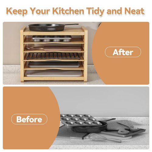 tonchean Wooden Cabinet Tray Dividers 6 Tier Baking Cookie Sheet Organizer Kitchen Vertical Tray Divider Organizer for Pots, Cutting Board, Pans, Kitchen Organizers and Storage