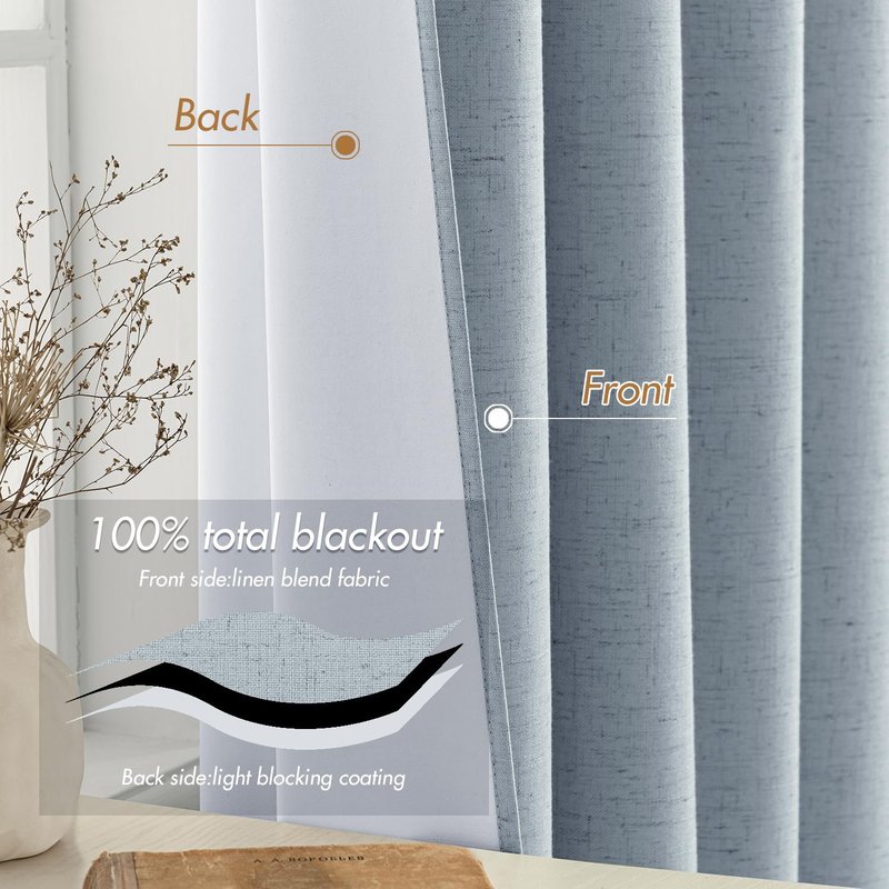 EMEMA Chambray Blue Linen Blackout Curtains 96 inches Long 2 Panels Set for Bedroom Back Tab Thermal Insulated 100% Black Out Drapes Pinch Pleated Hooks Room Darkening Window Curtain for Living Room
