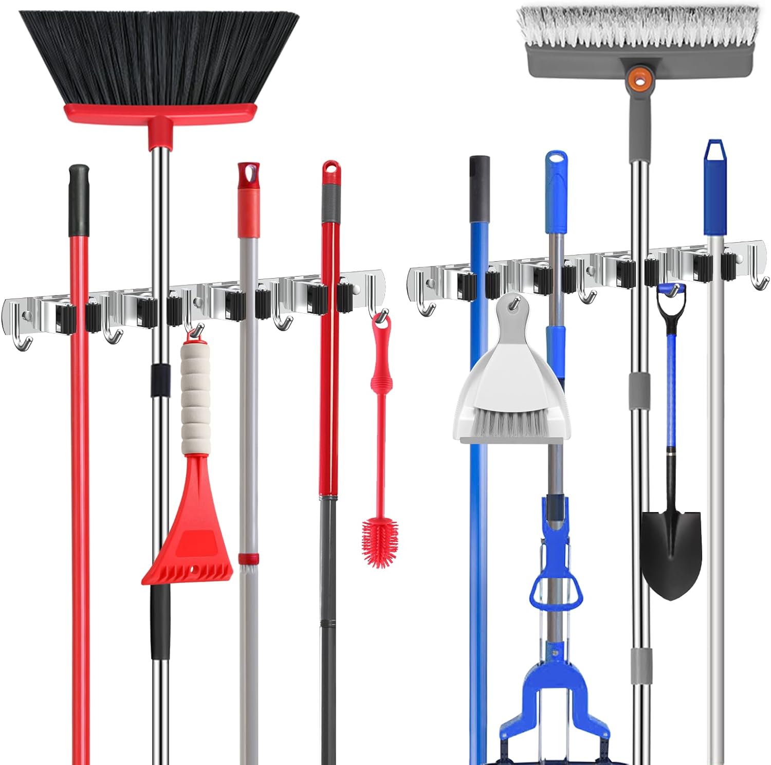 Nacena Broom Holder - Wall Mount Mop Hanger with 4 Racks & 5 Hooks | Heavy-Duty Stainless Steel Organizer for Home